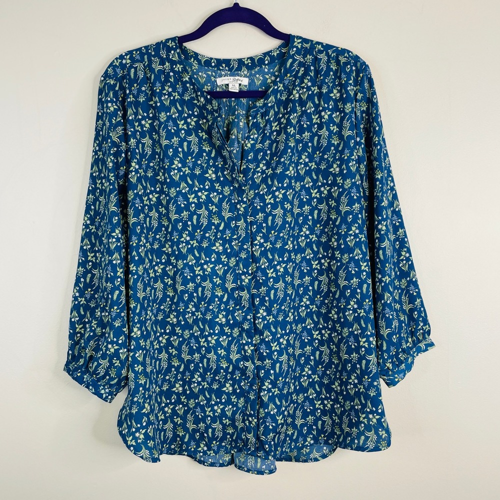 Cottage Floral Tunic Top Womens XLarge Blue Button Up Teacher Casual 3/4 Sleeve
